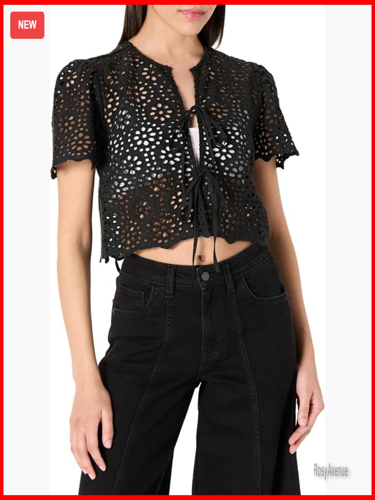 Women's Scallop Lace Tie Front Blouse Short Sleeve Cotton Top